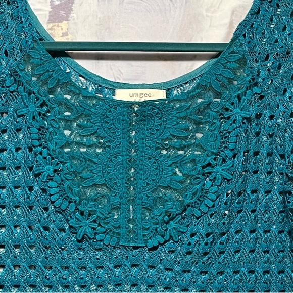UMGEE Crochet Knit Tunic Cover-Up Womens L Boho Beach Hippie Turquoise Blue - Picture 2 of 16